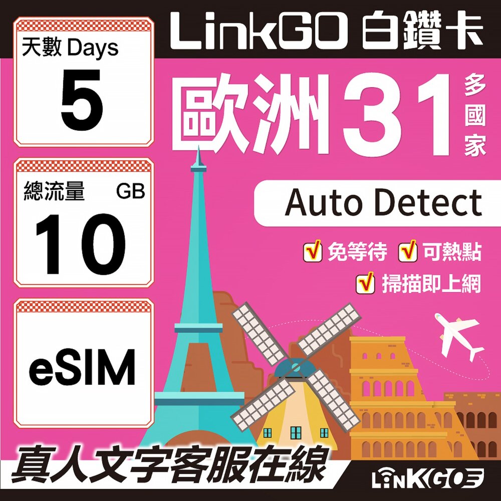 03580005-【LINKGO】白鑽卡 歐洲31國 eSIM卡 5天上網卡 總流量10GB(歐洲網卡 西班牙 德國 奧地利 英國)