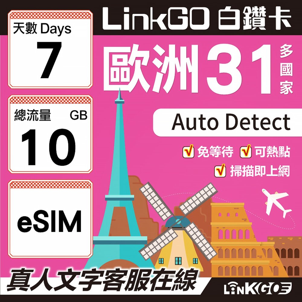 03580007-【LINKGO】白鑽卡 歐洲31國 eSIM卡 7天上網卡 總流量10GB(歐洲網卡 西班牙 德國 奧地利 英國)