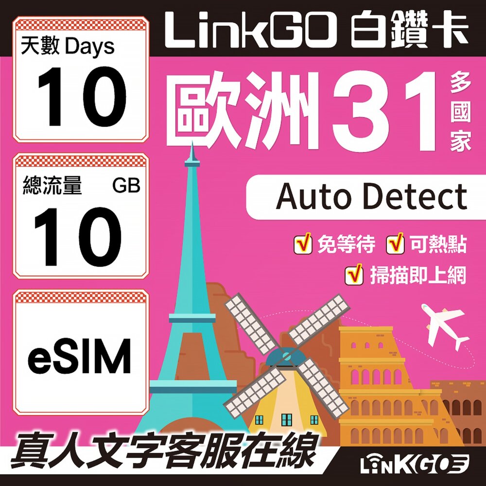 03580010-【LINKGO】白鑽卡 歐洲31國 eSIM卡 10天上網卡 總流量10GB(歐洲網卡 西班牙 德國 奧地利 英國)