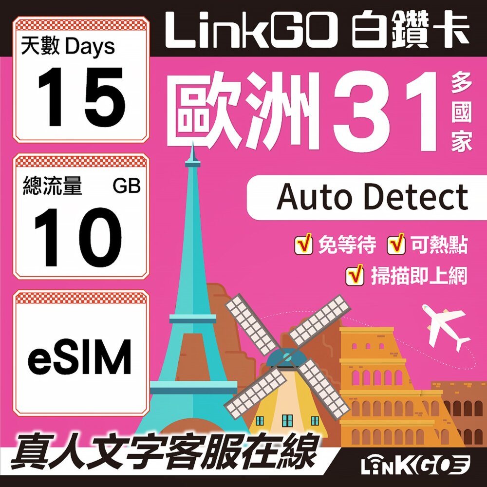 03580015-【LINKGO】白鑽卡 歐洲31國 eSIM卡 15天上網卡 總流量10GB(歐洲網卡 西班牙 德國 奧地利 英國)