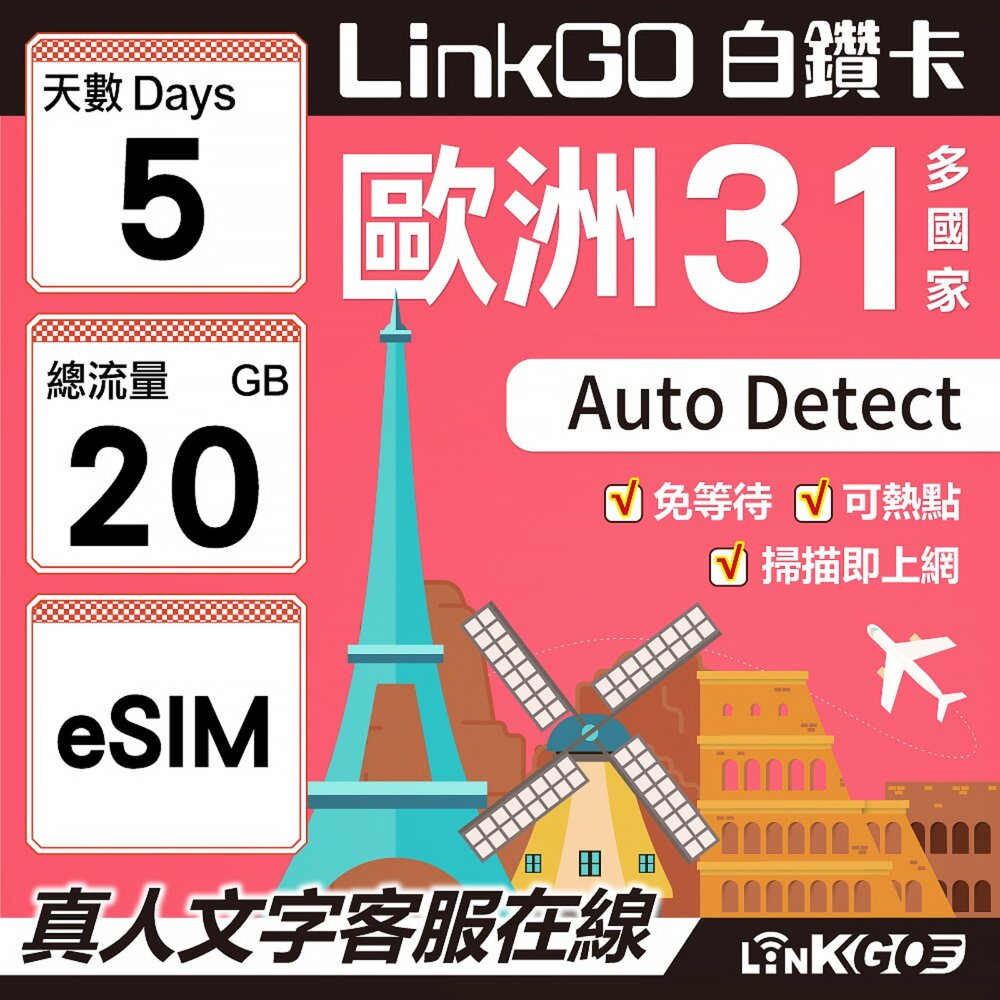 03590005-【LINKGO】白鑽卡 歐洲31國 eSIM卡 5天上網卡 總流量20GB(歐洲網卡 西班牙 德國 奧地利 英國)
