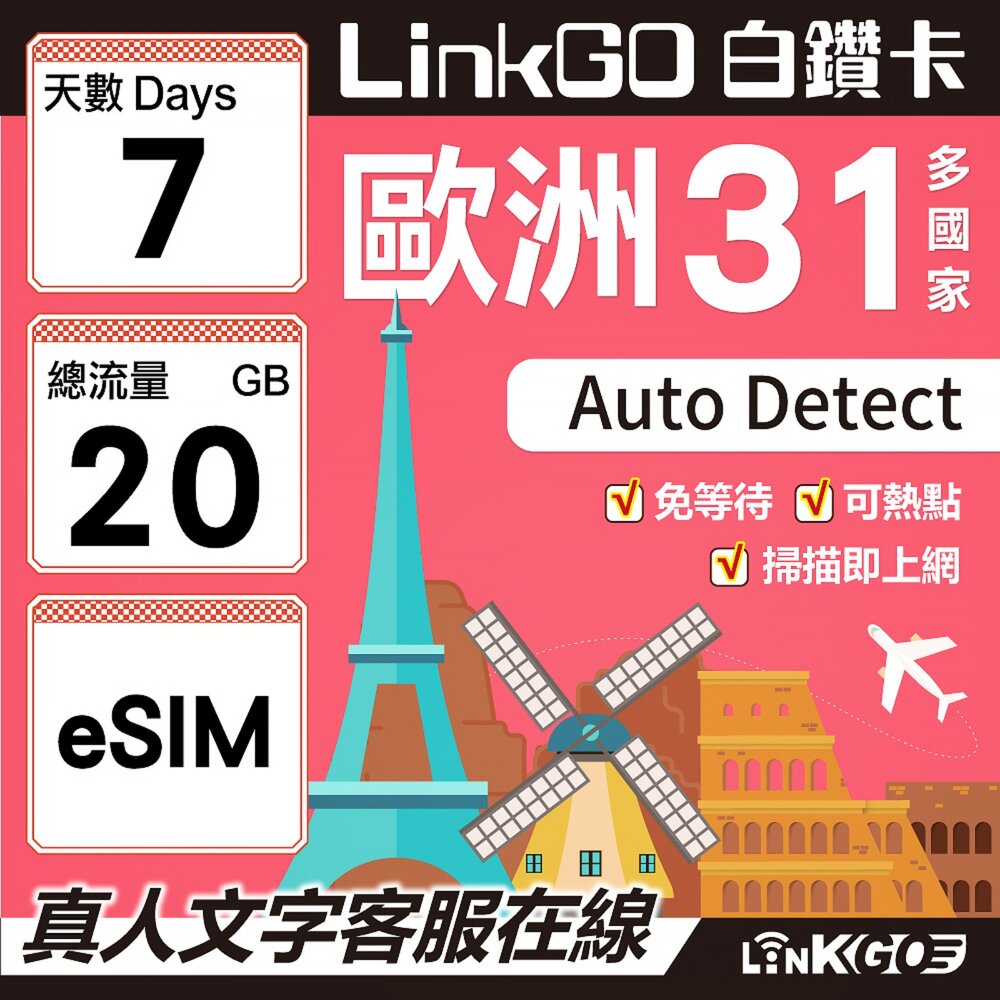 03590007-【LINKGO】白鑽卡 歐洲31國 eSIM卡 7天上網卡 總流量20GB(歐洲網卡 西班牙 德國 奧地利 英國)