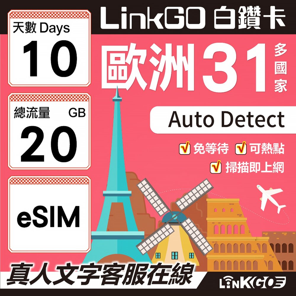 03590010-【LINKGO】白鑽卡 歐洲31國 eSIM卡 10天上網卡 總流量20GB(歐洲網卡 西班牙 德國 奧地利 英國)