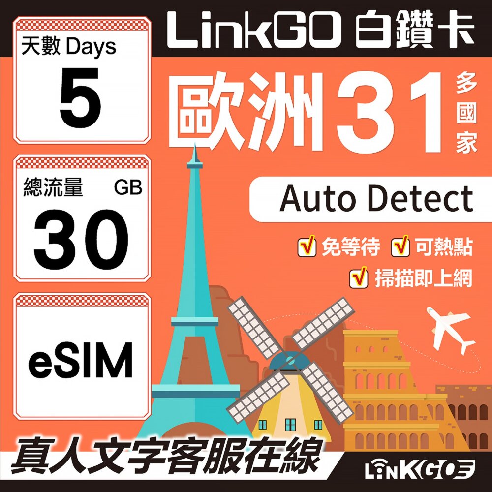 03600005-【LINKGO】白鑽卡 歐洲31國 eSIM卡 5天上網卡 總流量30GB(歐洲網卡 西班牙 德國 奧地利 英國)
