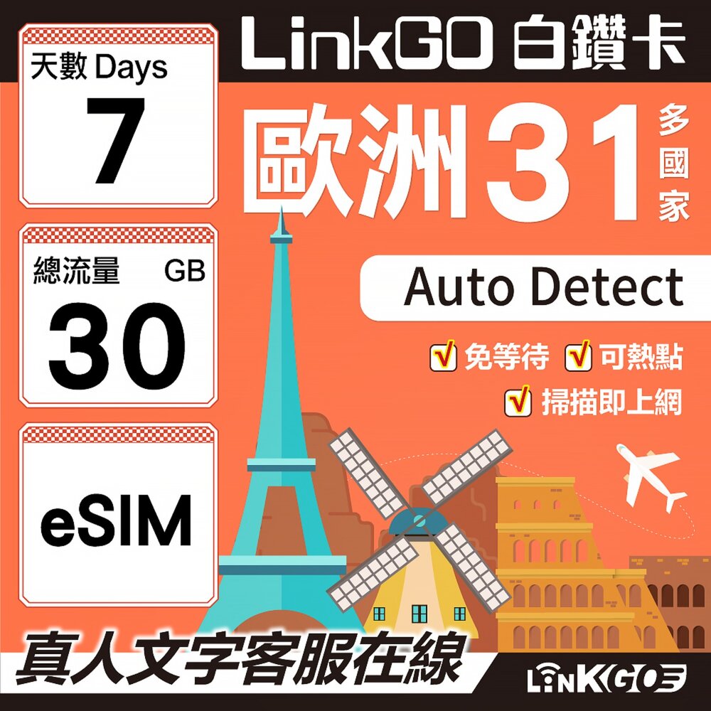 03600007-【LINKGO】白鑽卡 歐洲31國 eSIM卡 7天上網卡 總流量30GB(歐洲網卡 西班牙 德國 奧地利 英國)