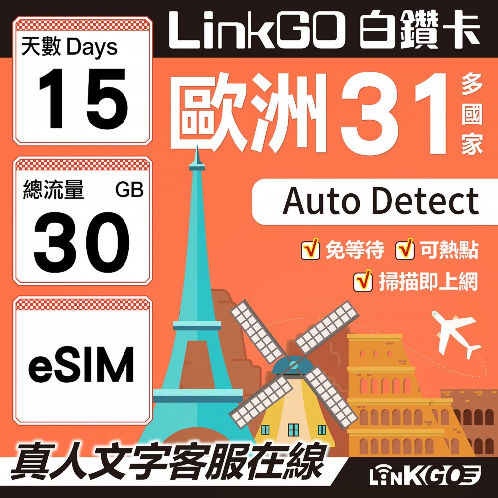 03600015-【LINKGO】白鑽卡 歐洲31國 eSIM卡 15天上網卡 總流量30GB(歐洲網卡 西班牙 德國 奧地利 英國)