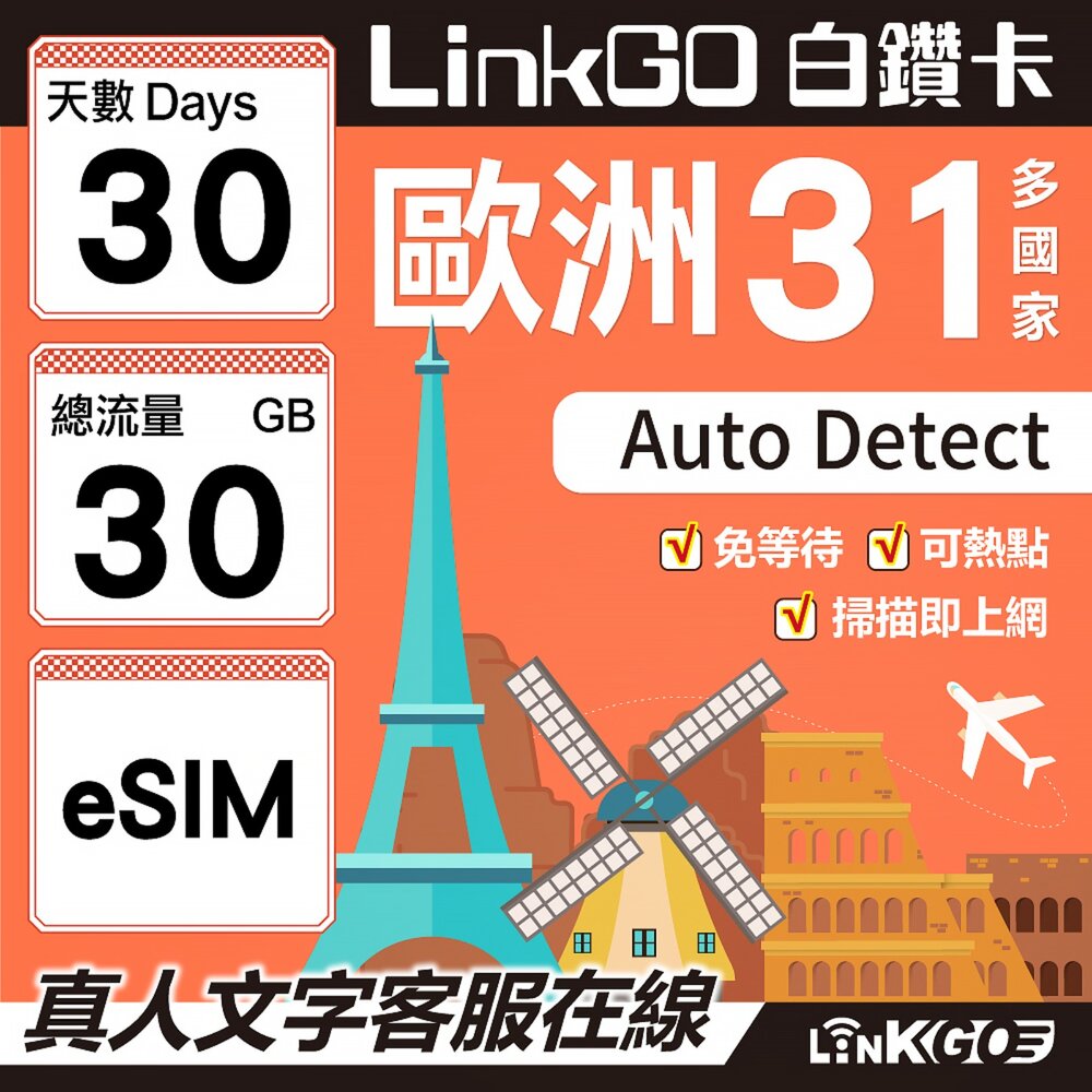 03600030-【LINKGO】白鑽卡 歐洲31國 eSIM卡 30天上網卡 總流量30GB(歐洲網卡 西班牙 德國 奧地利 英國)