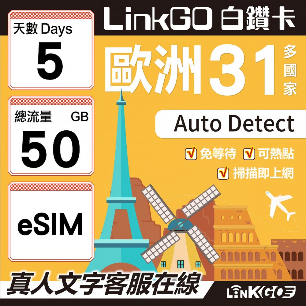 03610005-【LINKGO】白鑽卡 歐洲31國 eSIM卡 5天上網卡 總流量50GB(歐洲網卡 西班牙 德國 奧地利 英國)