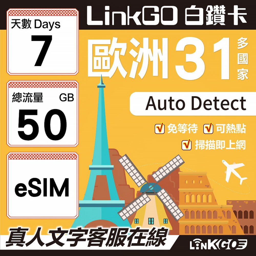 03610007-【LINKGO】白鑽卡 歐洲31國 eSIM卡 7天上網卡 總流量50GB(歐洲網卡 西班牙 德國 奧地利 英國)