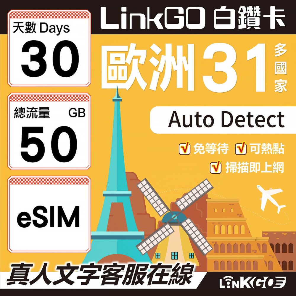 03610030-【LINKGO】白鑽卡 歐洲31國 eSIM卡 30天上網卡 總流量50GB(歐洲網卡 西班牙 德國 奧地利 英國)