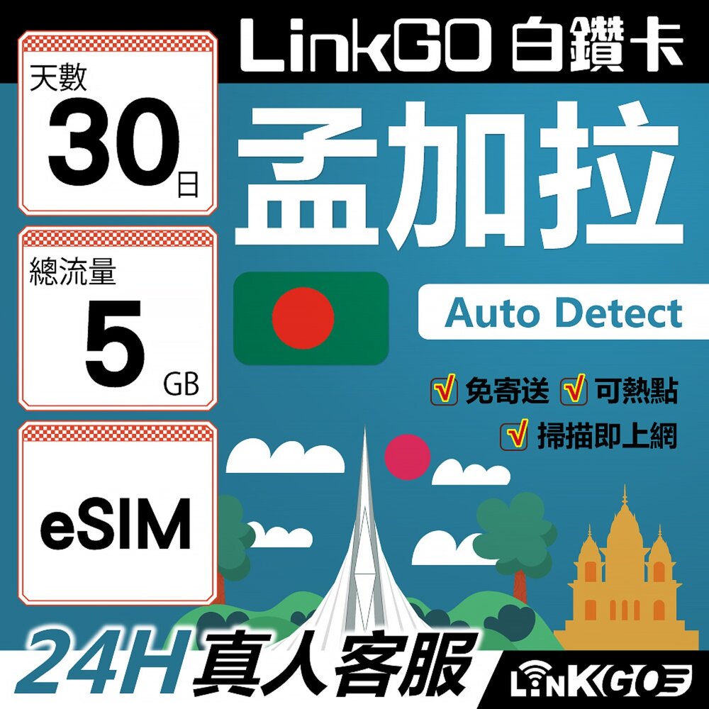 04050030-【LinkGO】白鑽卡 孟加拉 eSIM卡 30天上網卡 總流量5GB 高速流量(孟加拉網卡 達卡 索納岡 古都索納貢)