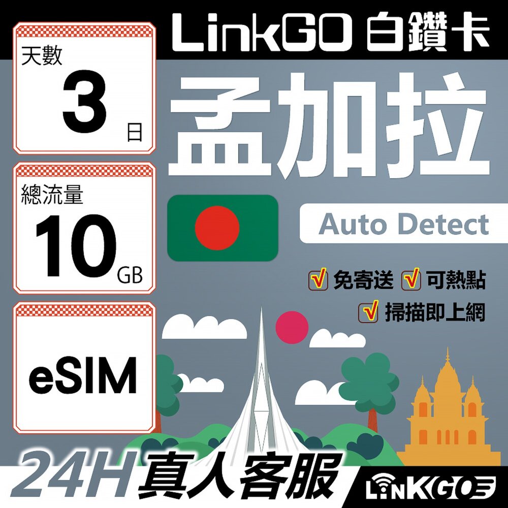04060003-【LinkGO】白鑽卡 孟加拉 eSIM卡 3天上網卡 總流量10GB 高速流量(孟加拉網卡 達卡 索納岡 古都索納貢)