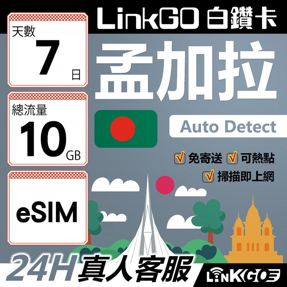 04060007-【LinkGO】白鑽卡 孟加拉 eSIM卡 7天上網卡 總流量10GB 高速流量(孟加拉網卡 達卡 索納岡 古都索納貢)