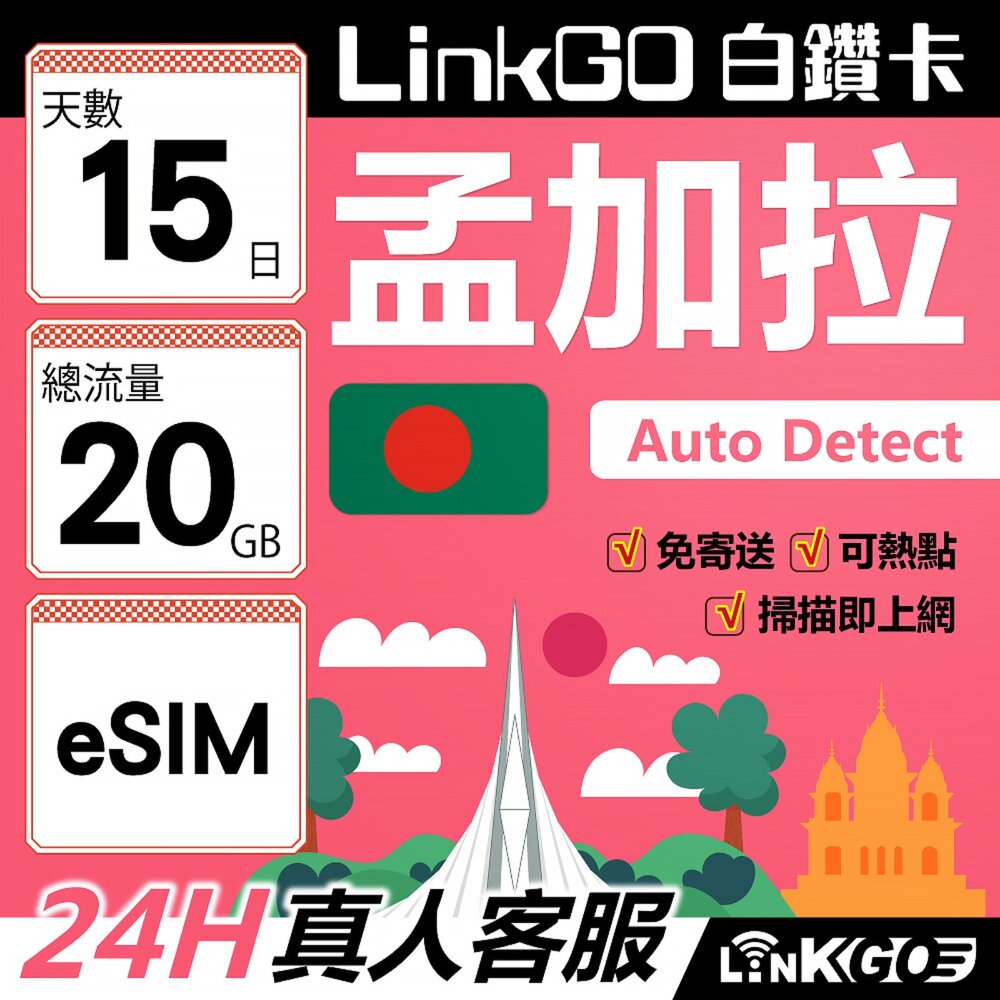 04070015-【LinkGO】白鑽卡 孟加拉 eSIM卡 15天上網卡 總流量20GB 高速流量(孟加拉網卡 達卡 索納岡 古都索納貢
