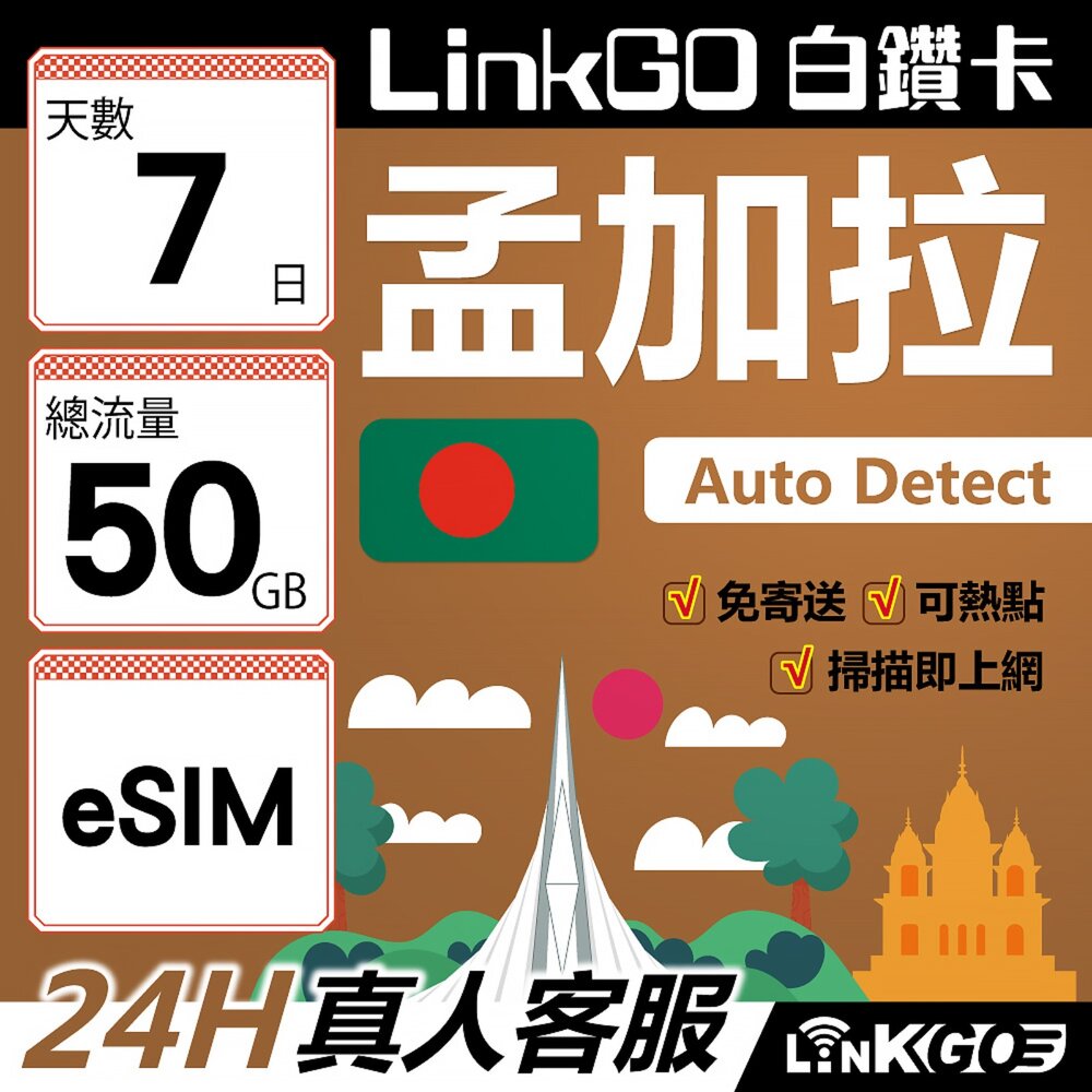  【LinkGO】白鑽卡 孟加拉 eSIM卡 7天上網卡 總流量50GB 高速流量(孟加拉網卡 達卡 索納岡 古都索納貢)