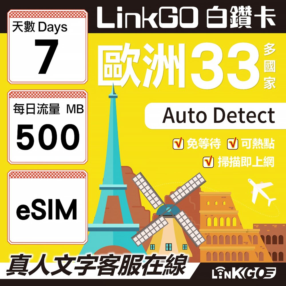 04120007-【LINKGO】白鑽卡 歐洲33國 eSIM卡 7天上網卡 每日500MB(歐洲網卡 西班牙 德國 奧地利 英國)