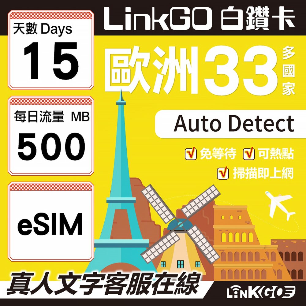 04120015-【LINKGO】白鑽卡 歐洲33國  eSIM卡 15天上網卡 每日500MB(歐洲網卡 西班牙 德國 奧地利 英國)