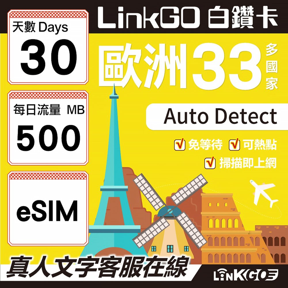 04120030-【LINKGO】白鑽卡 歐洲33國 eSIM卡 30天上網卡 每日500MB(歐洲網卡 西班牙 德國 奧地利 英國)