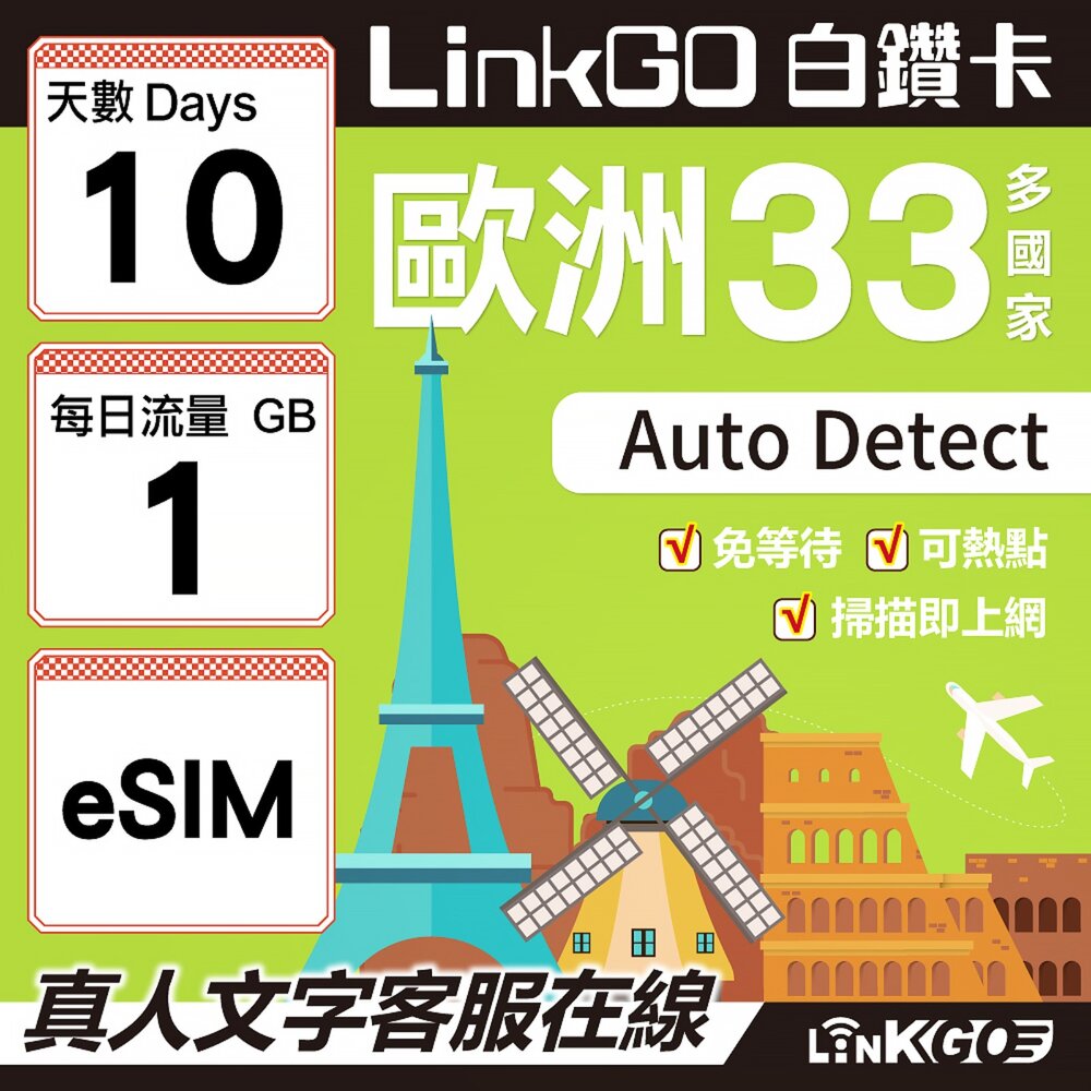 04130010-【LINKGO】白鑽卡 歐洲33國 eSIM卡 10天上網卡 每日1GB(歐洲網卡 西班牙 德國 奧地利 英國)