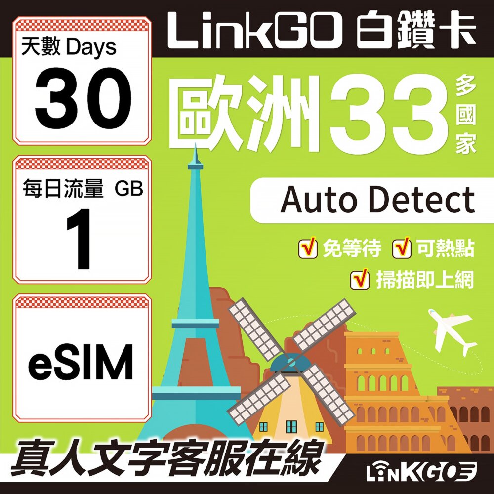 04130030-【LINKGO】白鑽卡 歐洲33國 eSIM卡 30天上網卡 每日1GB(歐洲網卡 西班牙 德國 奧地利 英國)