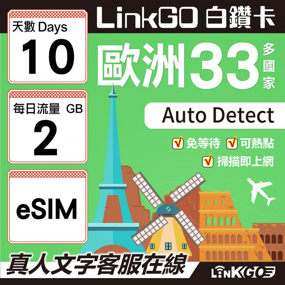 04140010-【LINKGO】白鑽卡 歐洲33國 eSIM卡 10天上網卡 每日2GB(歐洲網卡 西班牙 德國 奧地利 英國)
