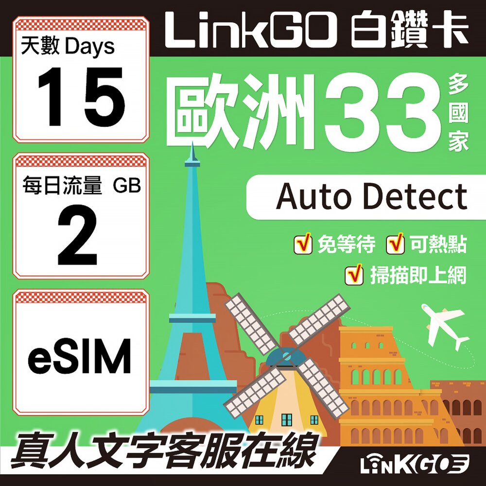 04140015-【LINKGO】白鑽卡 歐洲33國  eSIM卡 15天上網卡 每日2GB(歐洲網卡 西班牙 德國 奧地利 英國)