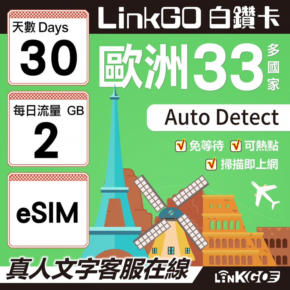 04140030-【LINKGO】白鑽卡  歐洲33國  eSIM卡 30天上網卡 每日2GB(歐洲網卡 西班牙 德國 奧地利 英國)
