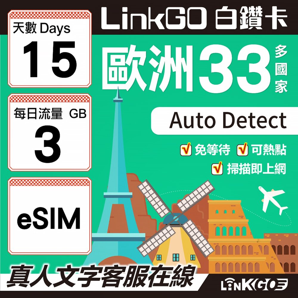04150015-【LINKGO】白鑽卡 歐洲33國 eSIM卡 15天上網卡 每日3GB(歐洲網卡 西班牙 德國 奧地利 英國)