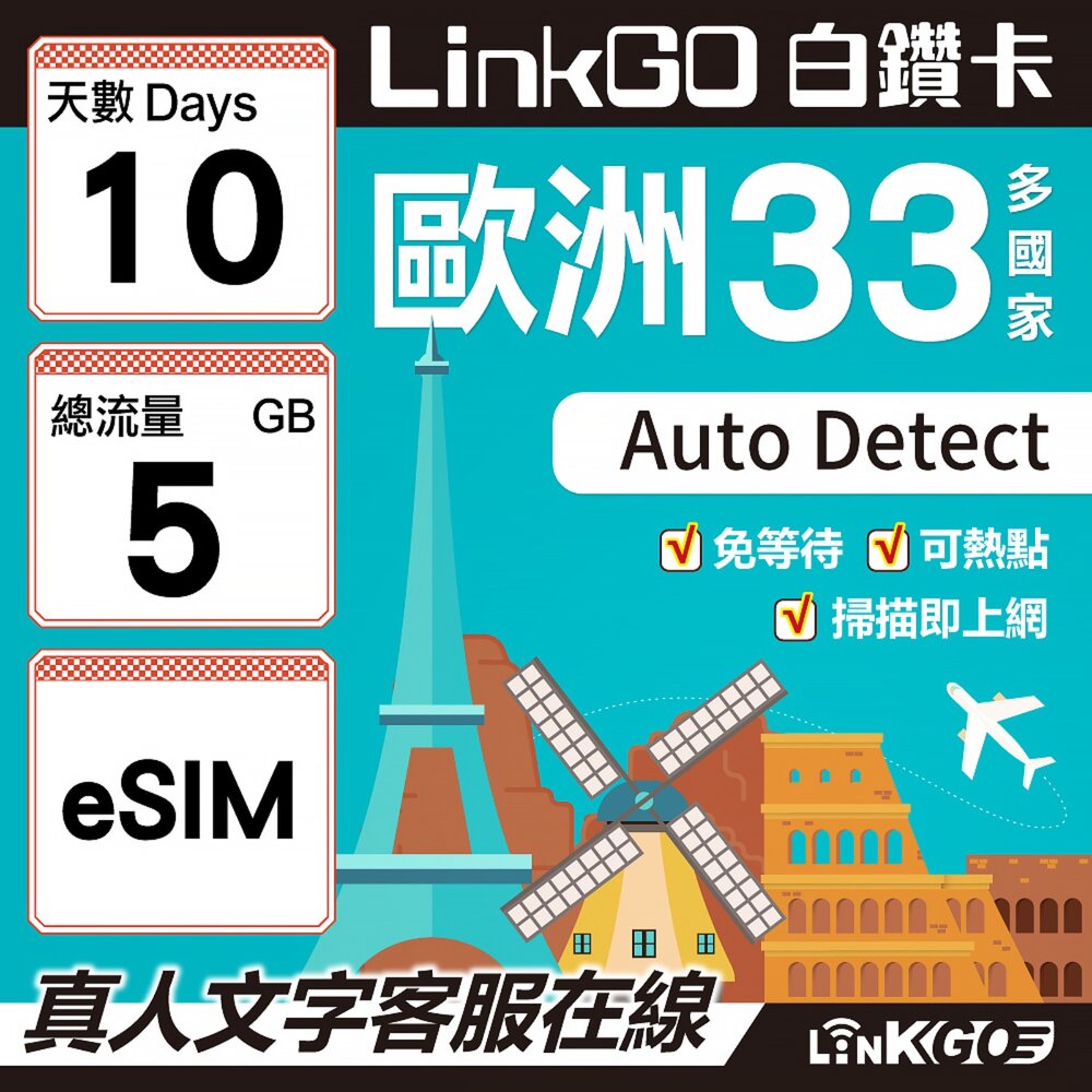 04170010-【LINKGO】白鑽卡 歐洲33國 eSIM卡 10天上網卡 總流量5GB(歐洲網卡 西班牙 德國 奧地利 英國)