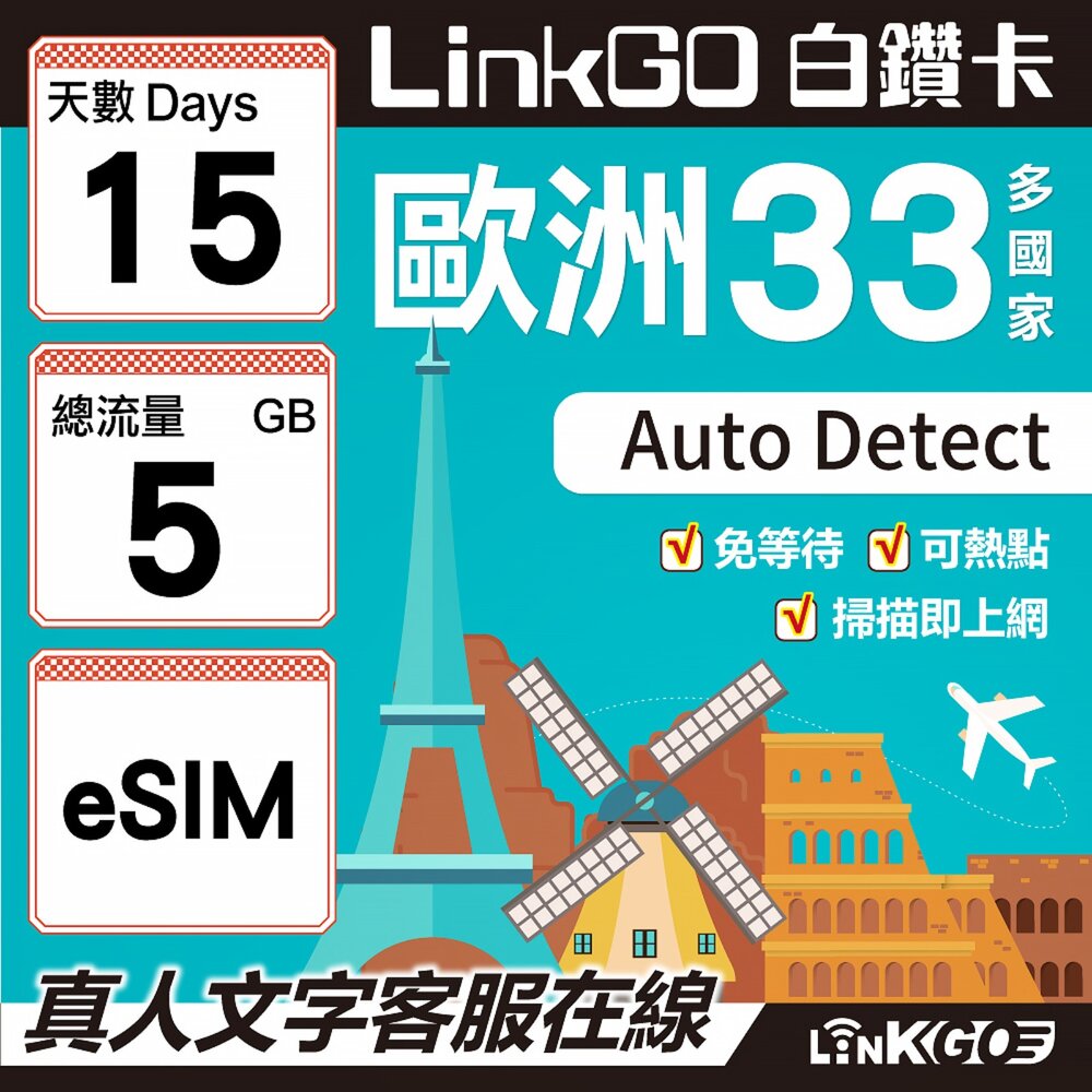 04170015-【LINKGO】白鑽卡 歐洲33國 eSIM卡 15天上網卡 總流量5GB(歐洲網卡 西班牙 德國 奧地利 英國)