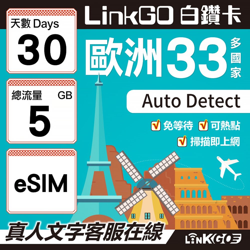 04170030-【LINKGO】白鑽卡 歐洲33國 eSIM卡 30天上網卡 總流量5GB(歐洲網卡 西班牙 德國 奧地利 英國)
