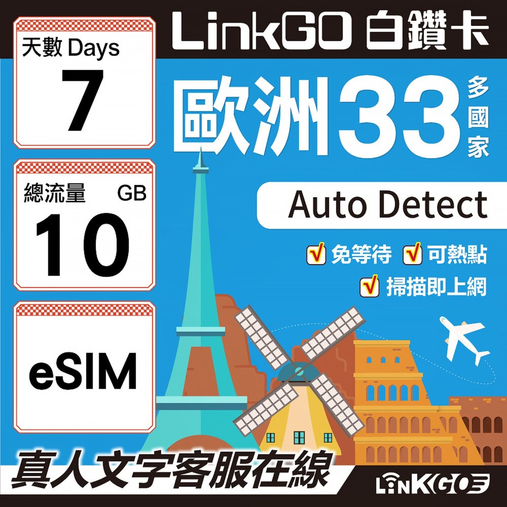 04180007-【LINKGO】白鑽卡 歐洲33國 eSIM卡 7天上網卡 總流量10GB(歐洲網卡 西班牙 德國 奧地利 英國)