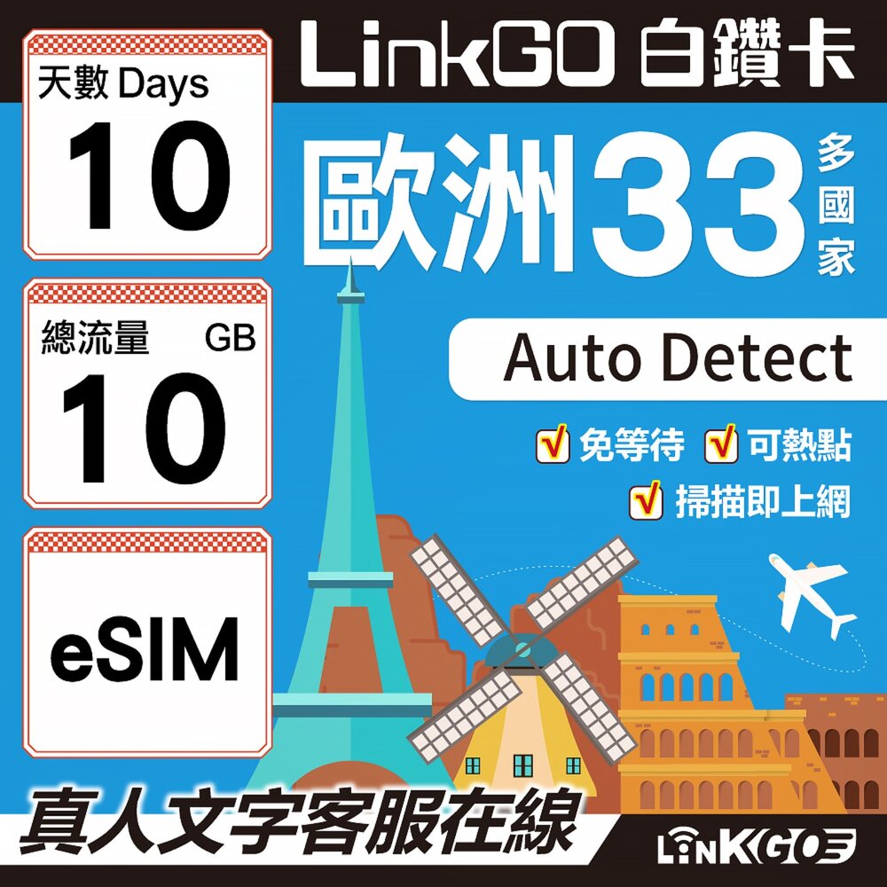 04180010-【LINKGO】白鑽卡 歐洲33國 eSIM卡 10天上網卡 總流量10GB(歐洲網卡 西班牙 德國 奧地利 英國)