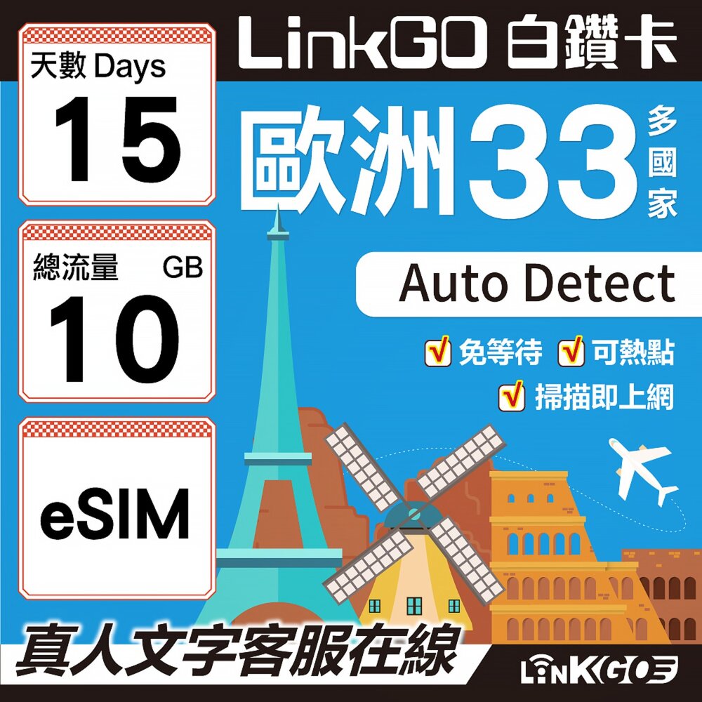 04180015-【LINKGO】白鑽卡  歐洲33國  eSIM卡 15天上網卡 總流量10GB(歐洲網卡 西班牙 德國 奧地利 英國)
