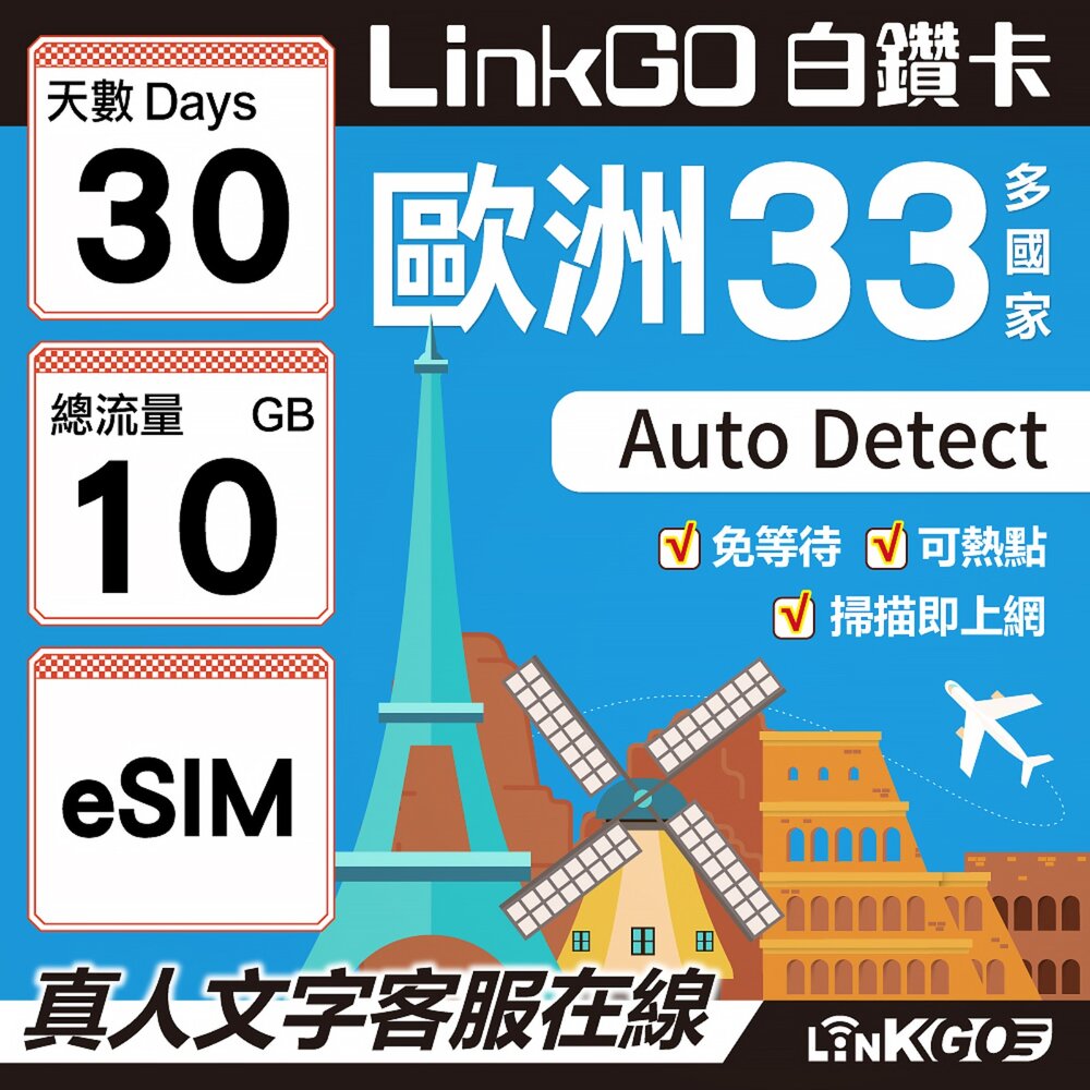 04180030-【LINKGO】白鑽卡 歐洲33國  eSIM卡 30天上網卡 總流量10GB(歐洲網卡 西班牙 德國 奧地利 英國)