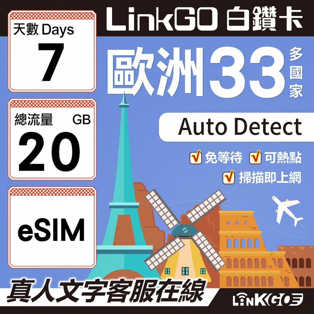 04190007-【LINKGO】白鑽卡 歐洲33國 eSIM卡 7天上網卡 總流量20GB(歐洲網卡 西班牙 德國 奧地利 英國)