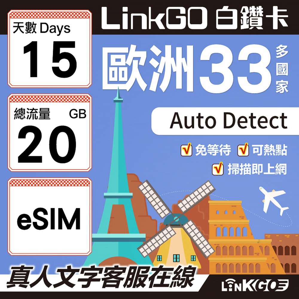04190015-【LINKGO】白鑽卡 歐洲33國 eSIM卡 15天上網卡 總流量20GB(歐洲網卡 西班牙 德國 奧地利 英國)