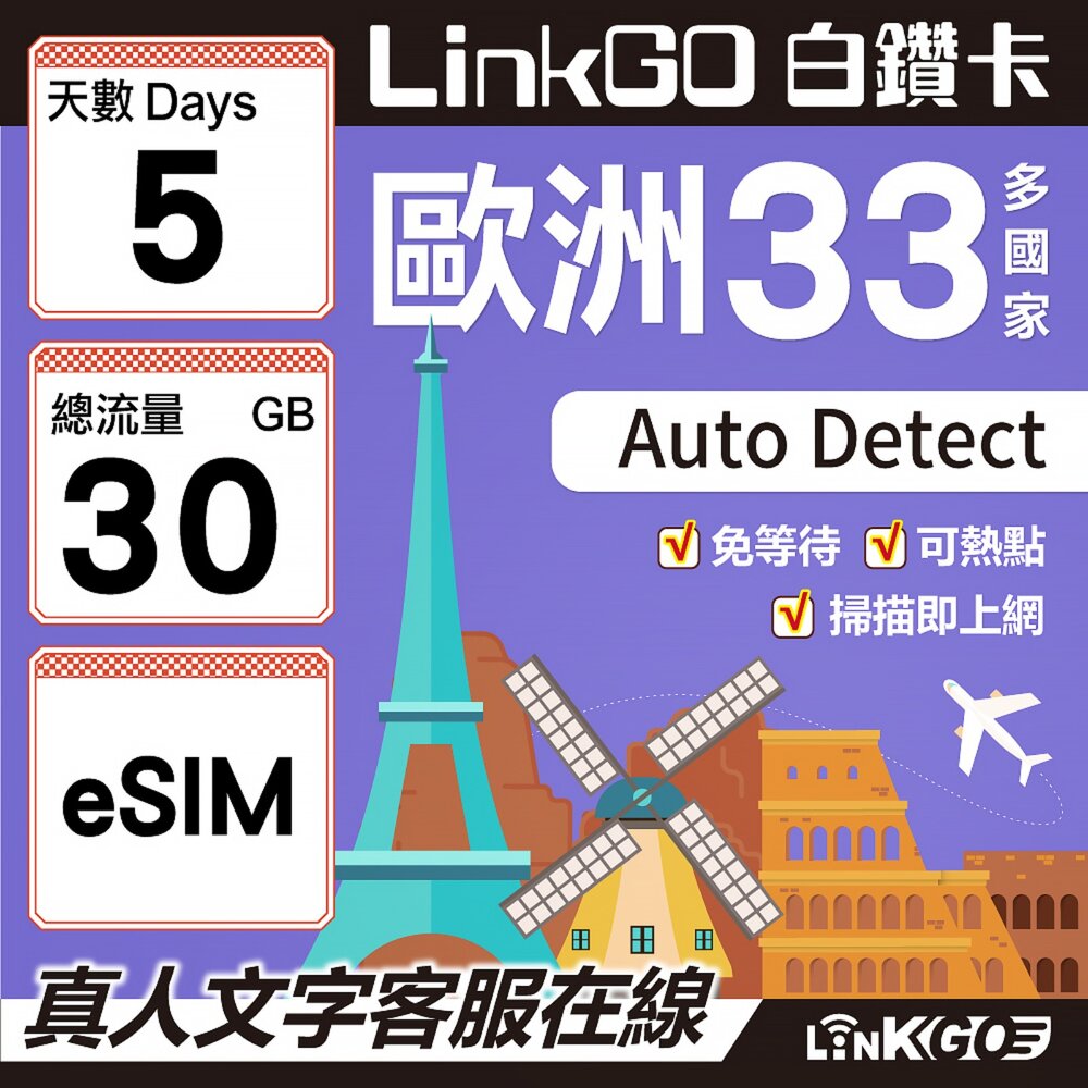 04200005-【LINKGO】白鑽卡 歐洲33國 eSIM卡 5天上網卡 總流量30GB(歐洲網卡 西班牙 德國 奧地利 英國)
