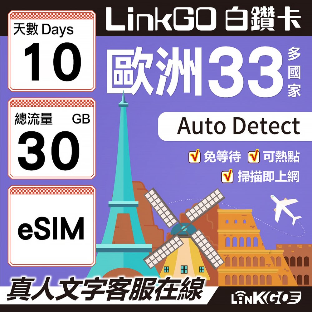 04200010-【LINKGO】白鑽卡 歐洲33國 eSIM卡 10天上網卡 總流量30GB(歐洲網卡 西班牙 德國 奧地利 英國)