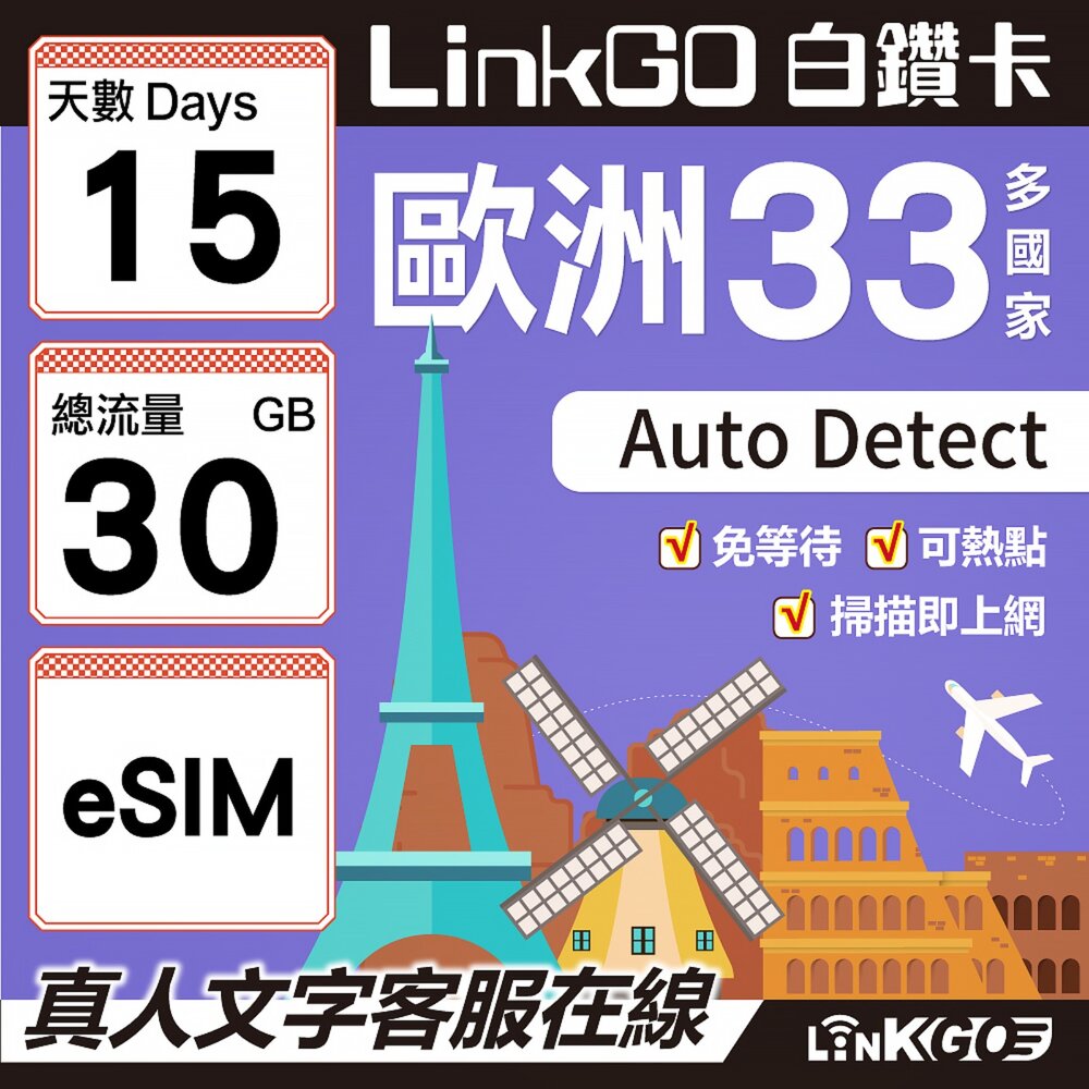 04200015-【LINKGO】白鑽卡 歐洲33國 eSIM卡 15天上網卡 總流量30GB(歐洲網卡 西班牙 德國 奧地利 英國)