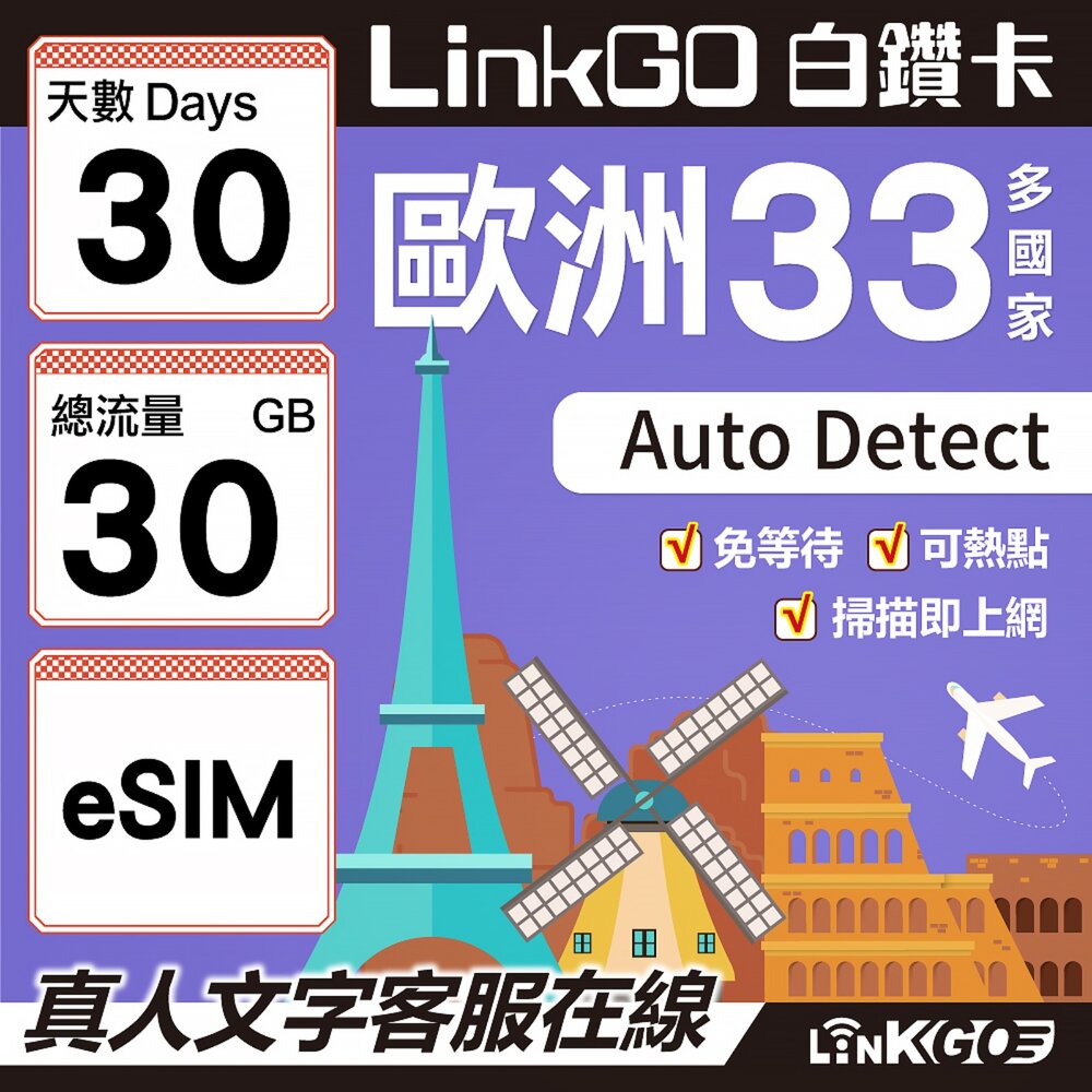 04200030-【LINKGO】白鑽卡 歐洲33國 eSIM卡 30天上網卡 總流量30GB(歐洲網卡 西班牙 德國 奧地利 英國)