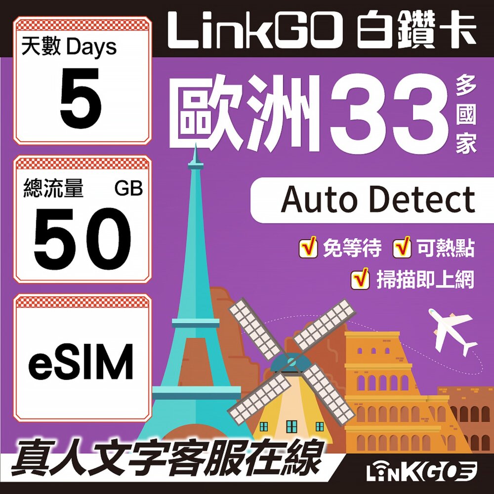 04210005-【LINKGO】白鑽卡 歐洲33國 eSIM卡 5天上網卡 總流量50GB(歐洲網卡 西班牙 德國 奧地利 英國)