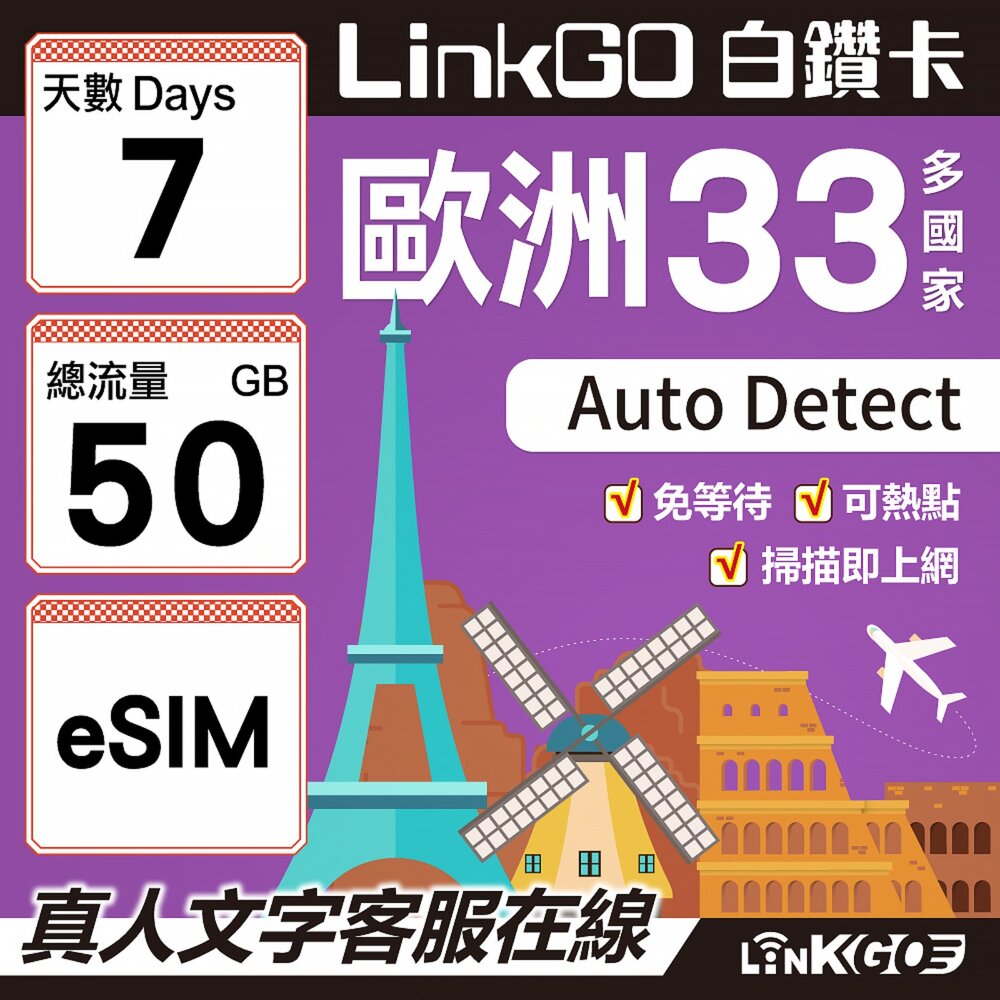 04210007-【LINKGO】白鑽卡 歐洲33國 eSIM卡 7天上網卡 總流量50GB(歐洲網卡 西班牙 德國 奧地利 英國)