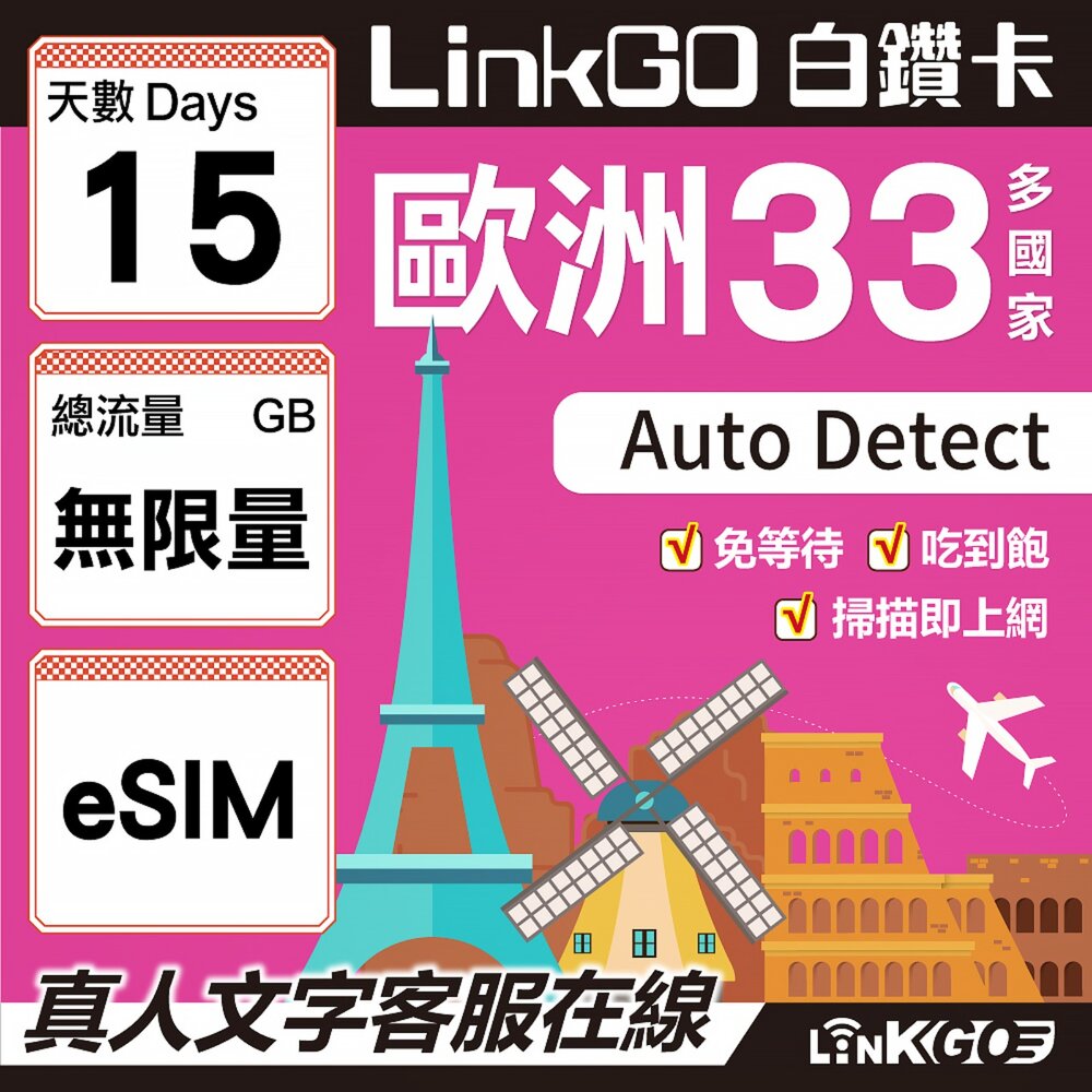 04360015-【LINKGO】白鑽卡 歐洲33國 eSIM卡 15天上網卡 無限流量吃到飽不降速(歐洲網卡 西班牙 德國 奧地利 英國