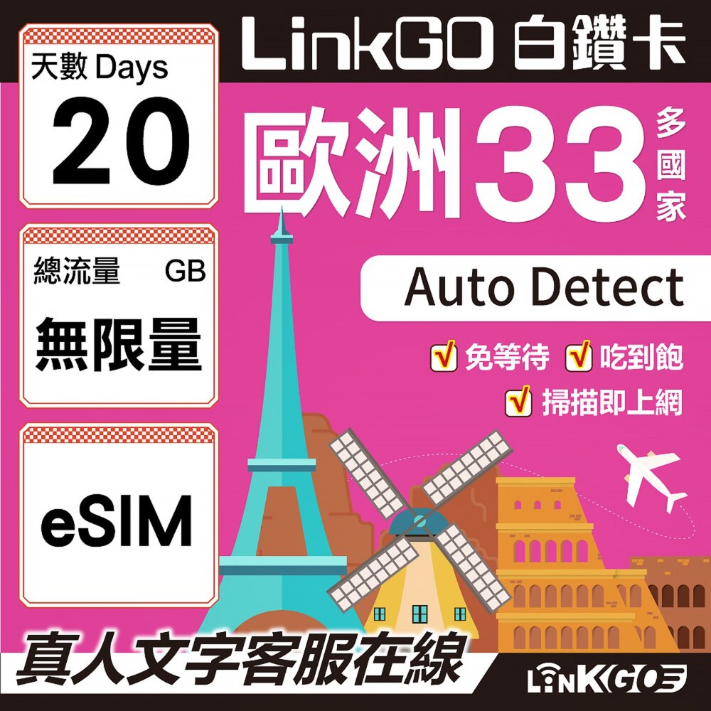 04360020-【LINKGO】白鑽卡 歐洲33國 eSIM卡 20天上網卡 無限流量吃到飽不降速(歐洲網卡 西班牙 德國 奧地利 英國