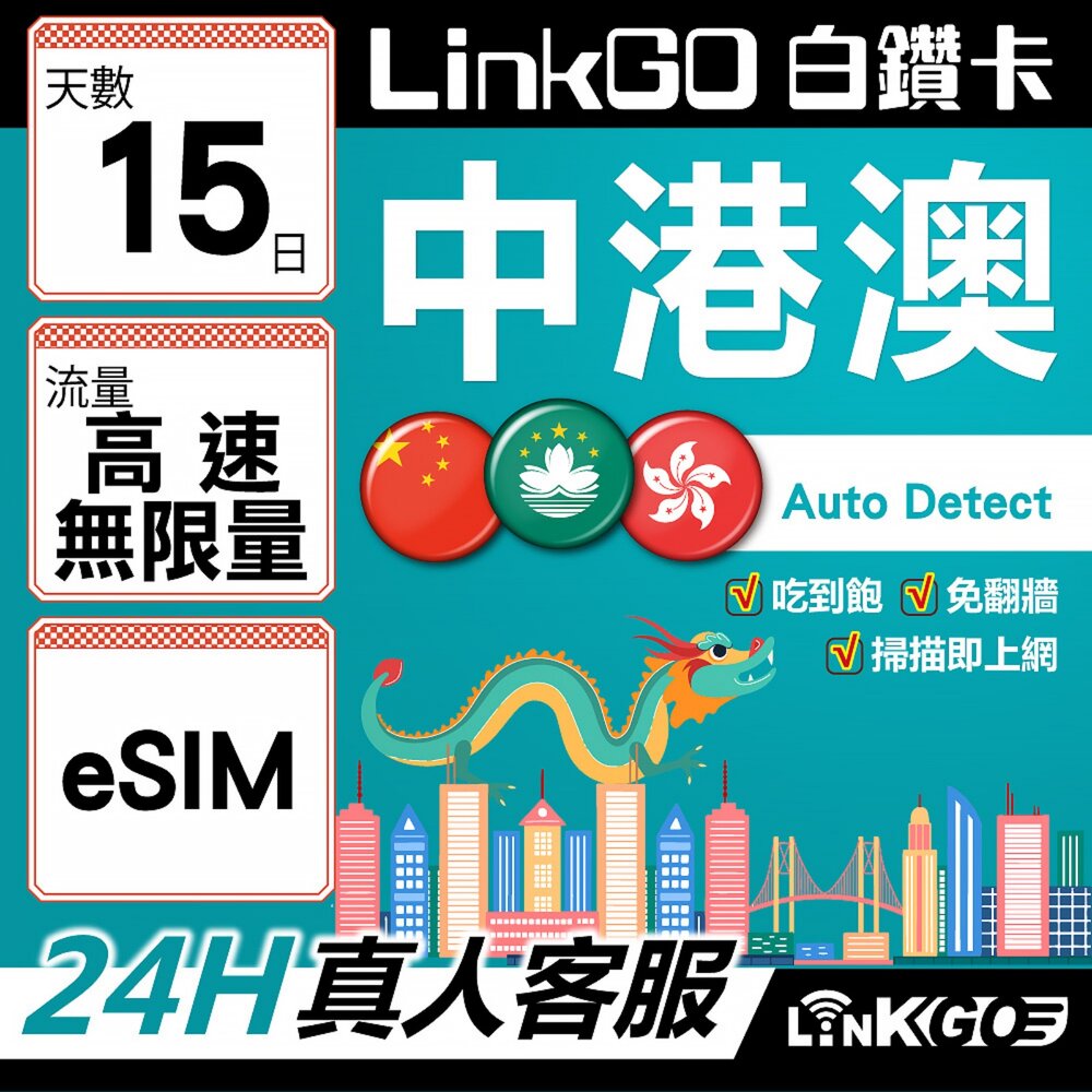 04420015-【LINKGO】白鑽卡 中港澳 eSIM卡 15天吃到飽不降速 高速不限流量 免翻牆(中港澳網卡 中國 大陸 香港 澳門