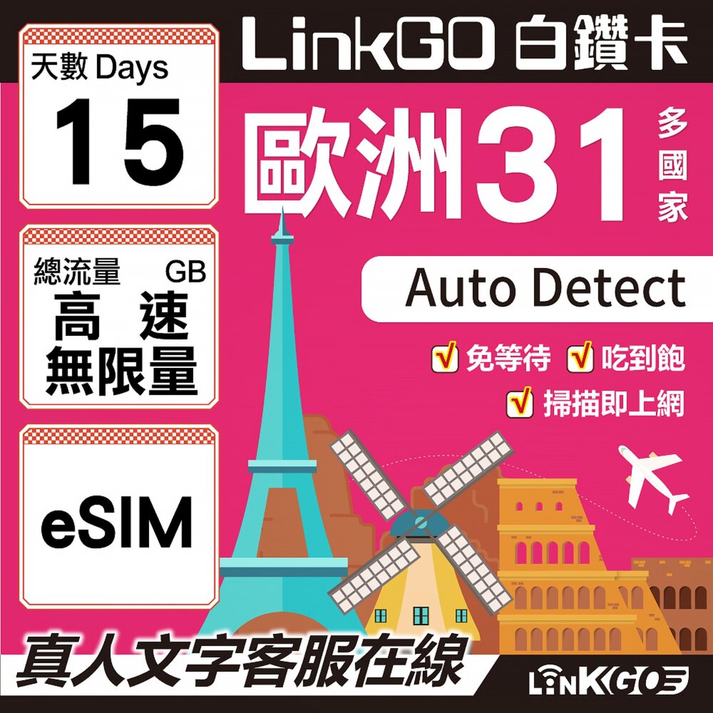 04440015-【LINKGO】白鑽卡 歐洲31國 eSIM卡 15天上網卡 高速不限流量吃到飽(歐洲網卡 西班牙 德國 奧地利 英國)