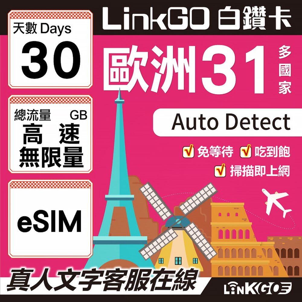 04440030-【LINKGO】白鑽卡 歐洲31國 eSIM卡 30天上網卡 高速不限流量吃到飽(歐洲網卡 西班牙 德國 奧地利 英國)