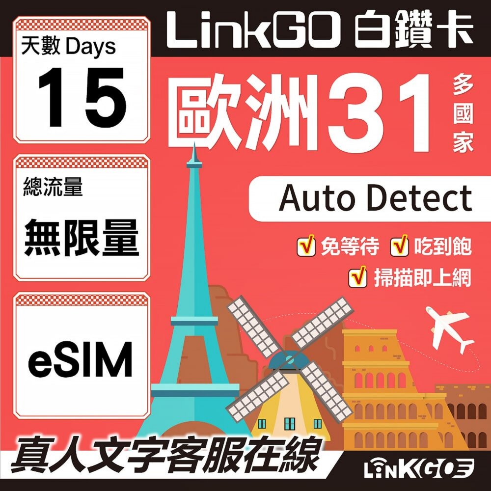 04450015-【LINKGO】白鑽卡 歐洲31國 eSIM卡 15天上網卡 高速不限流量吃到飽不降速(歐洲網卡 西班牙 德國 奧地利