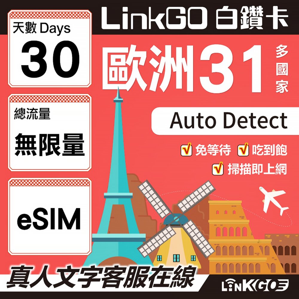 04450030-【LINKGO】白鑽卡 歐洲31國 eSIM卡 30天上網卡 高速不限流量吃到飽不降速(歐洲網卡 西班牙 德國 奧地利